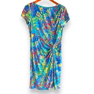 Ellen Tracy Dress Rainbow Colourful Blue Green Midi Gathered Front Size 10